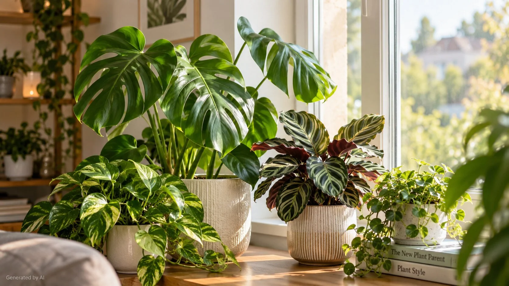 Houseplants beside a bright window receiving natural daylight