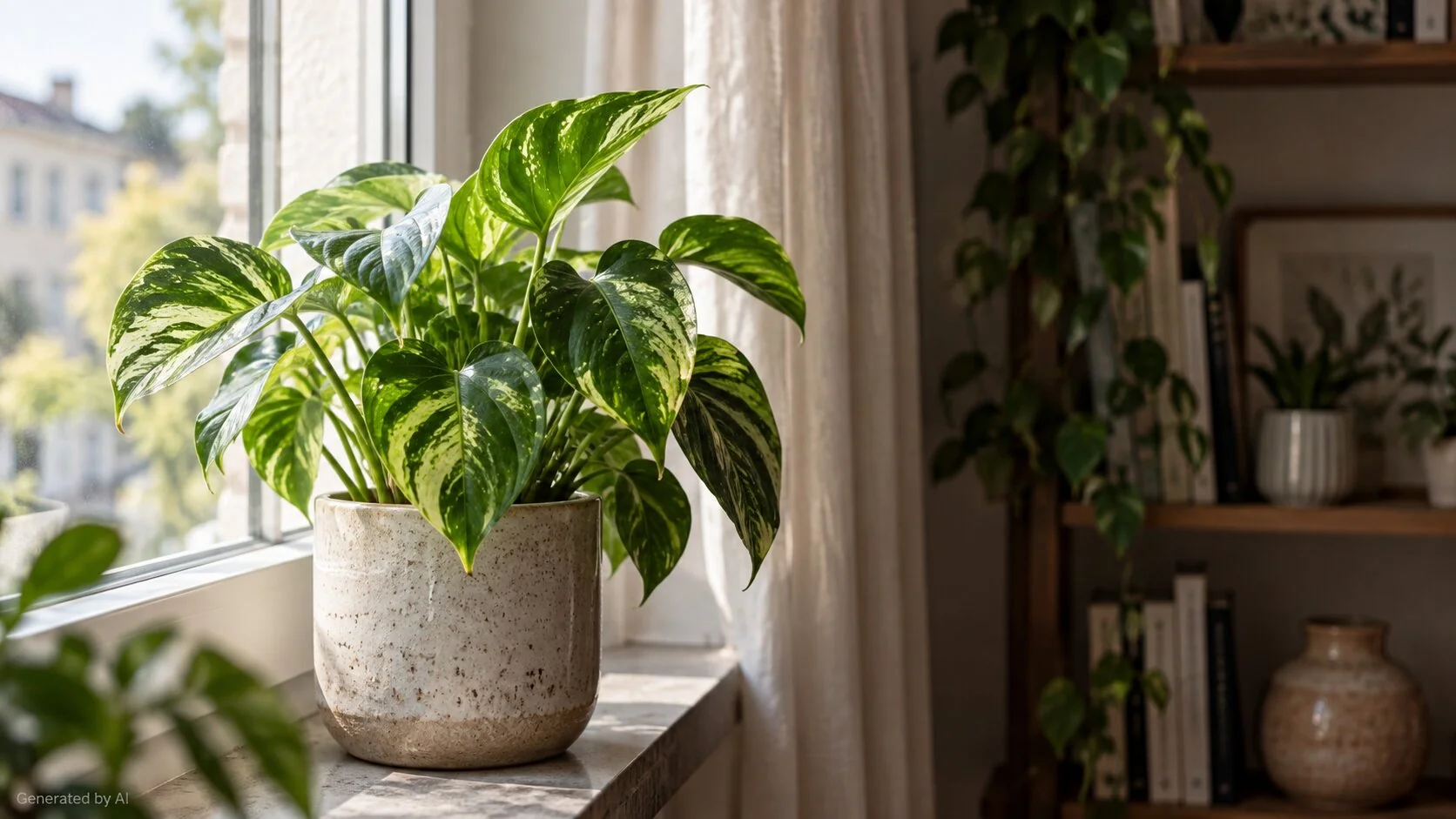 Potted green houseplant on an indoor windowsill beside natural daylight