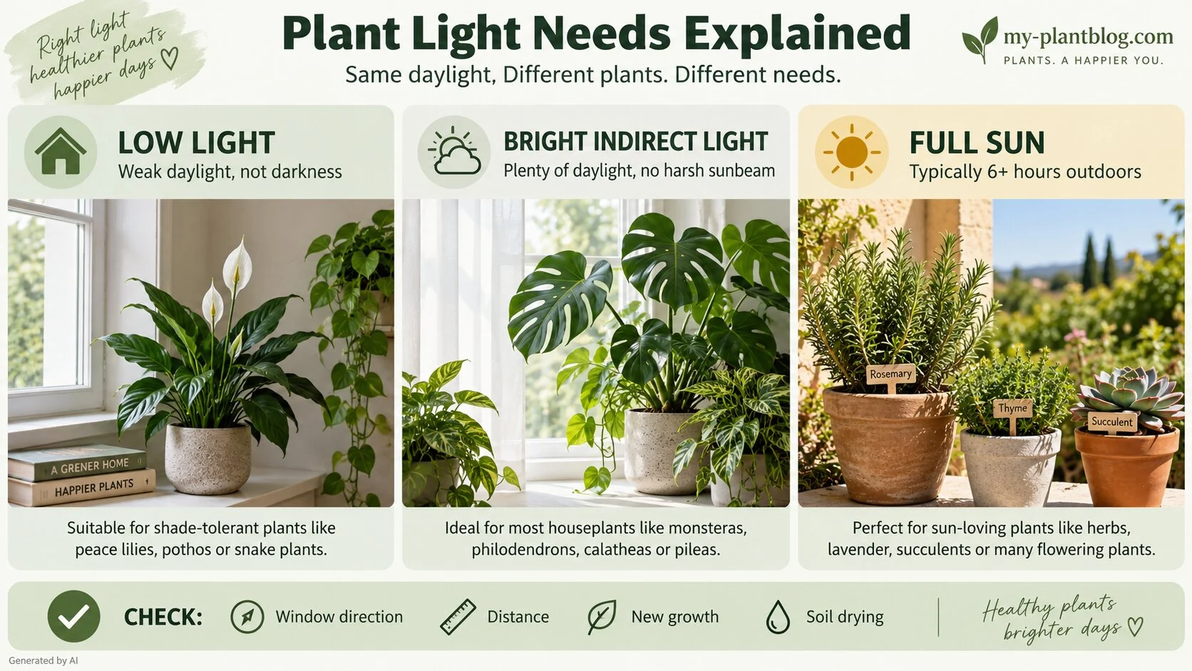 Infographic comparing low light, bright indirect light, and full sun for plants