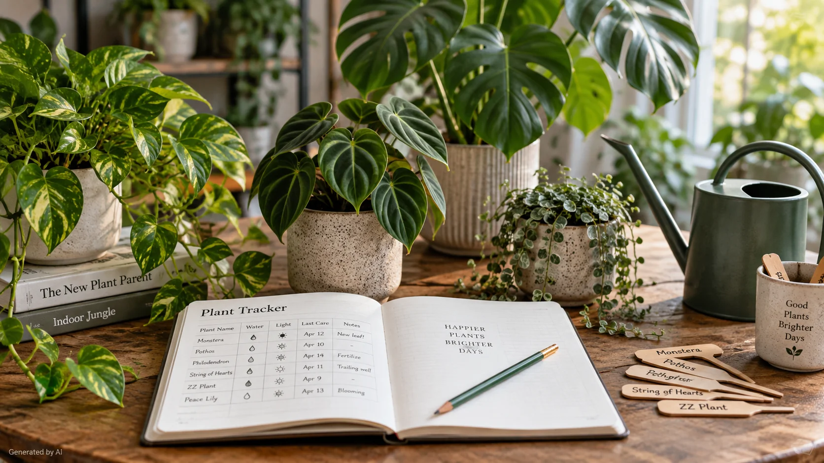Open plant tracker notebook beside healthy houseplants, a watering can and plant labels