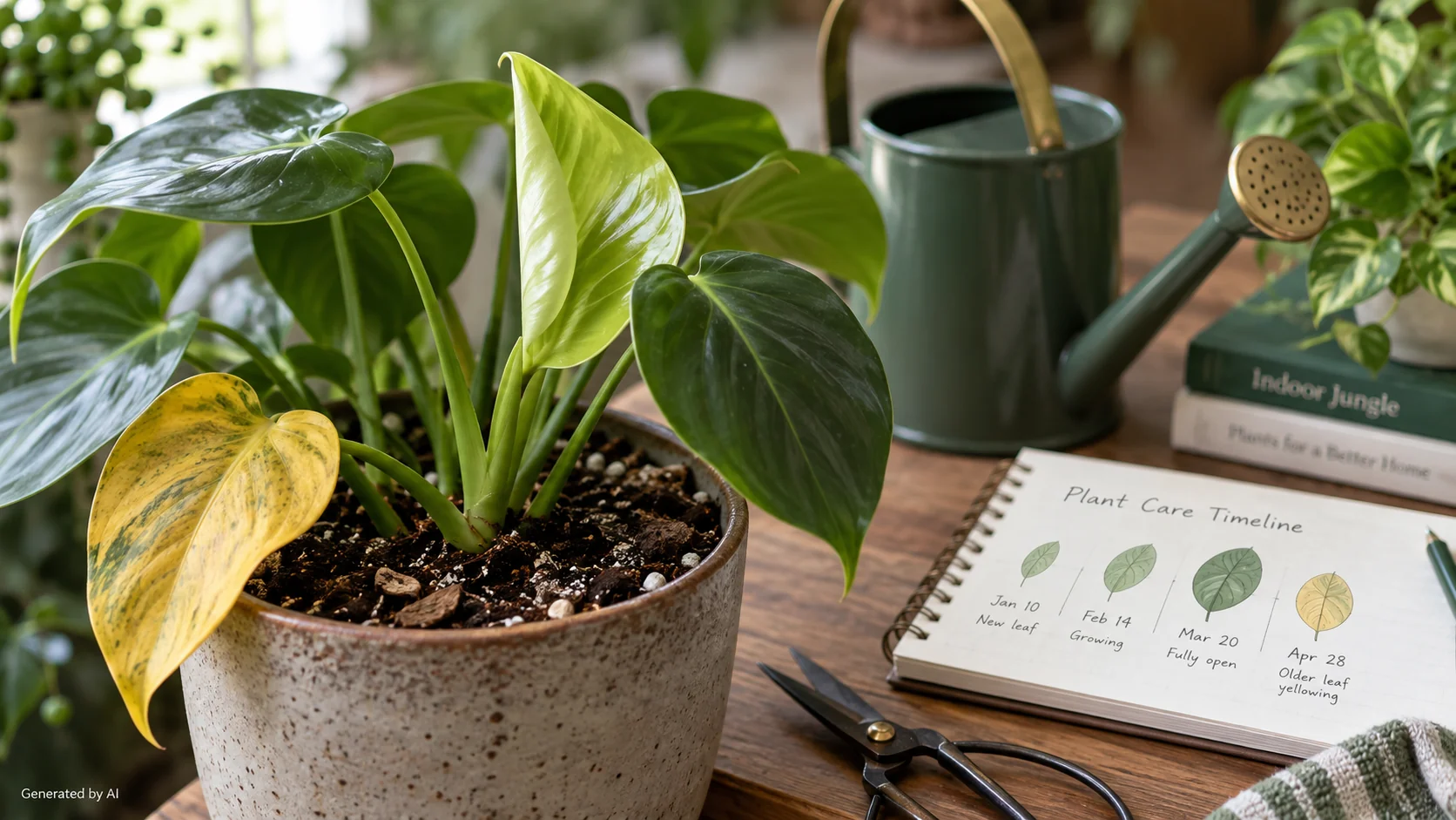 Houseplant with fresh new growth and one older yellow leaf beside a plant care timeline notebook