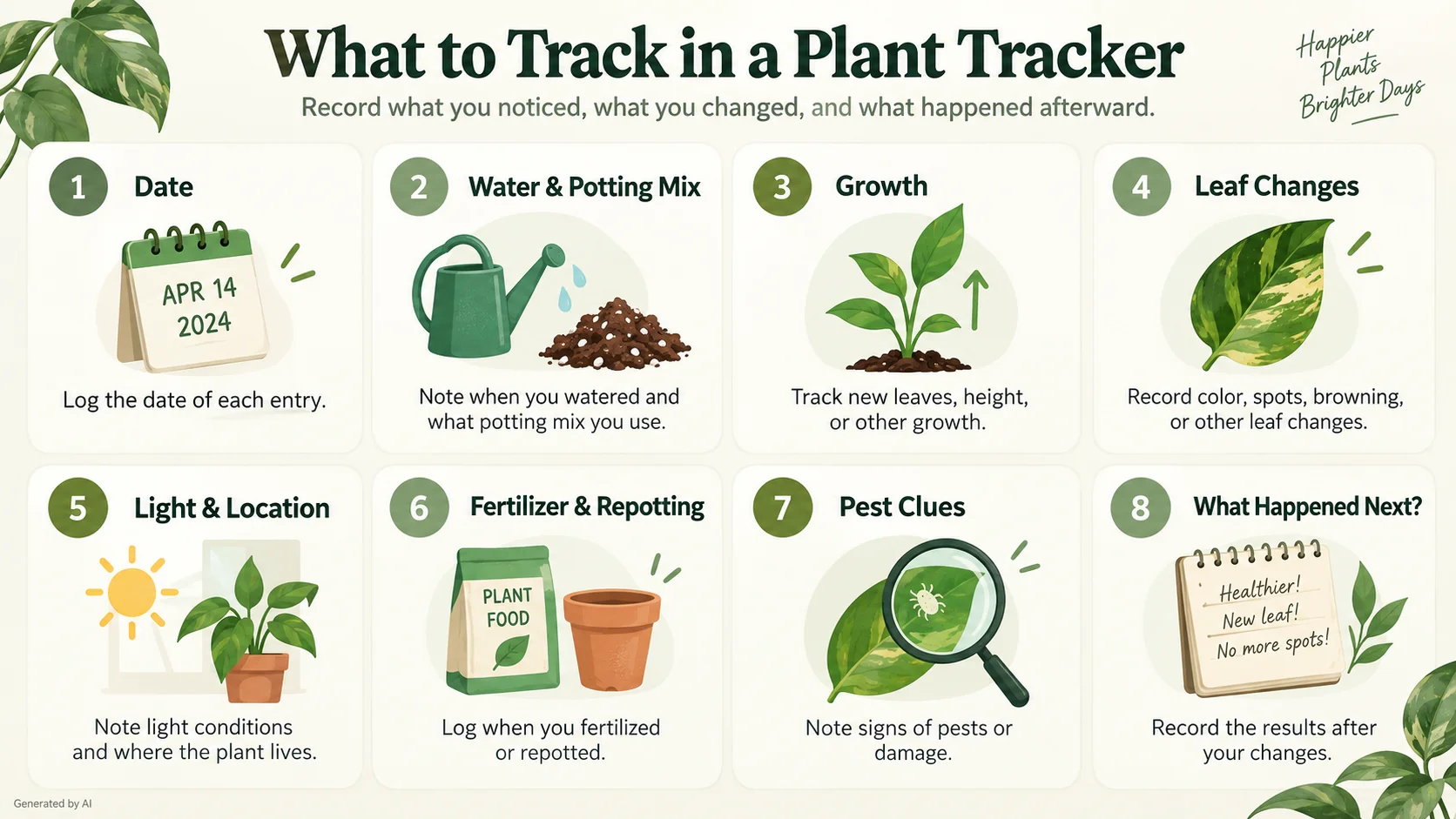 Infographic showing eight useful things to record in a plant tracker including water, growth, light and pest clues