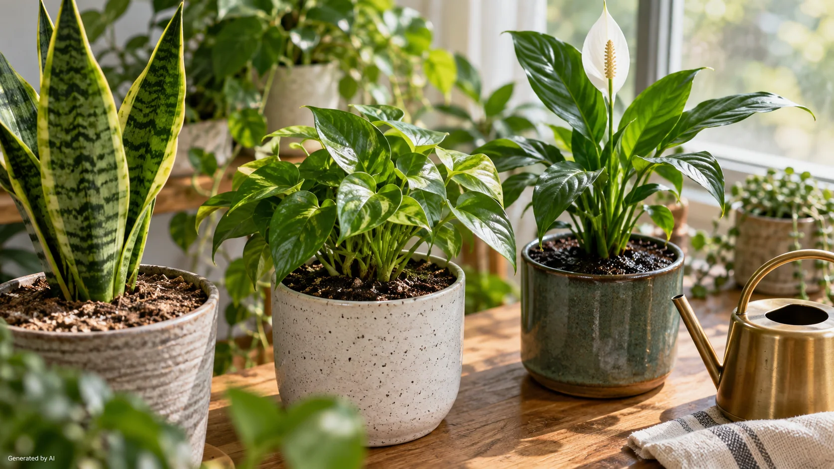 Healthy houseplants in containers beside a watering can showing different soil moisture conditions