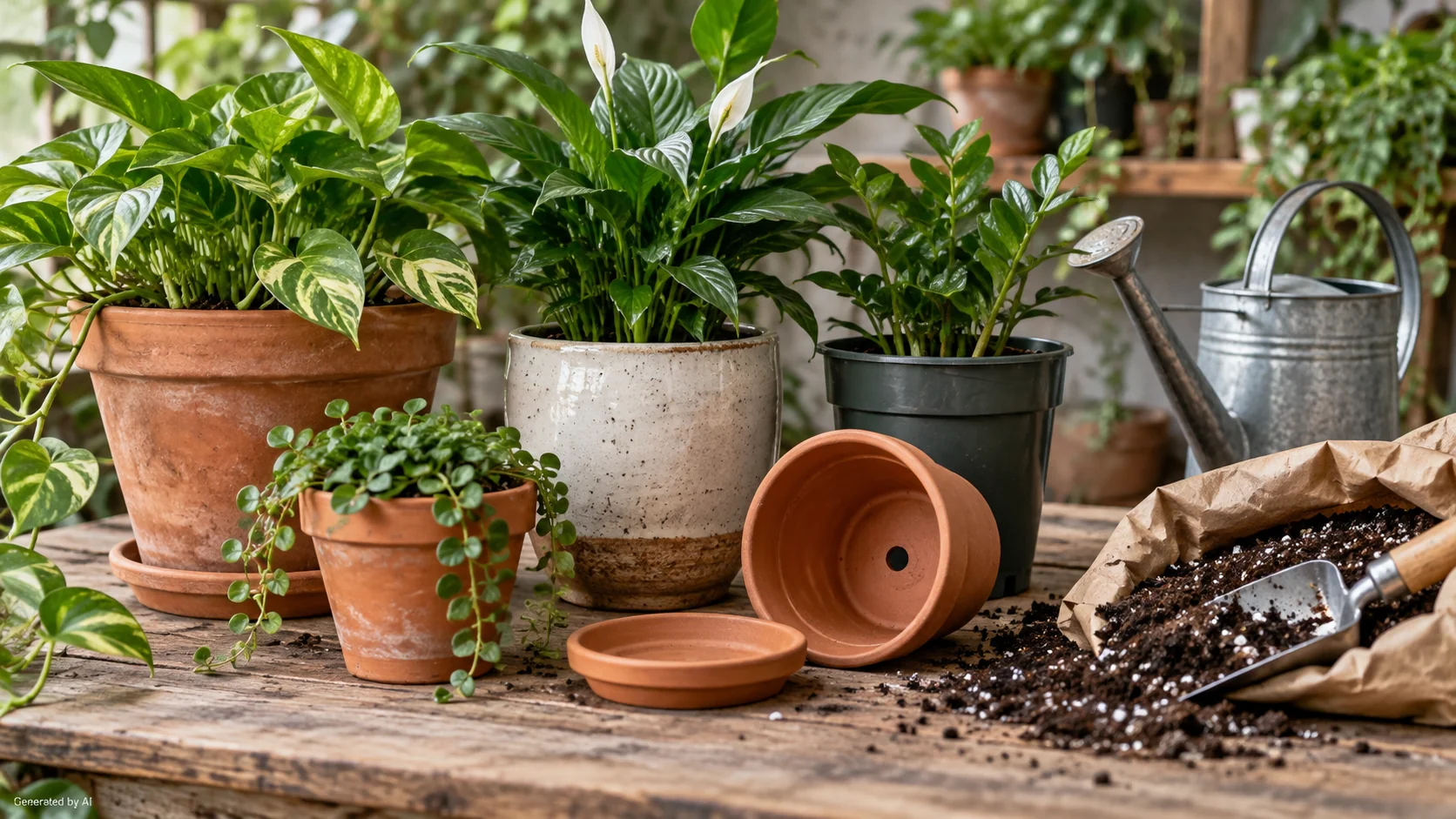 Houseplants in terracotta, ceramic and plastic pots beside potting mix and a watering can