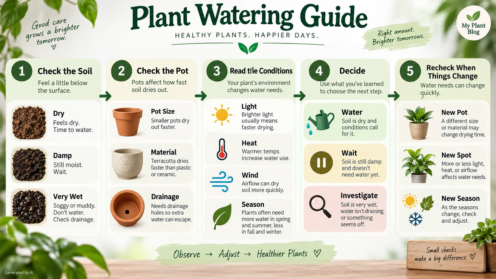 Plant watering infographic showing soil moisture, pot checks, growing conditions and watering decisions