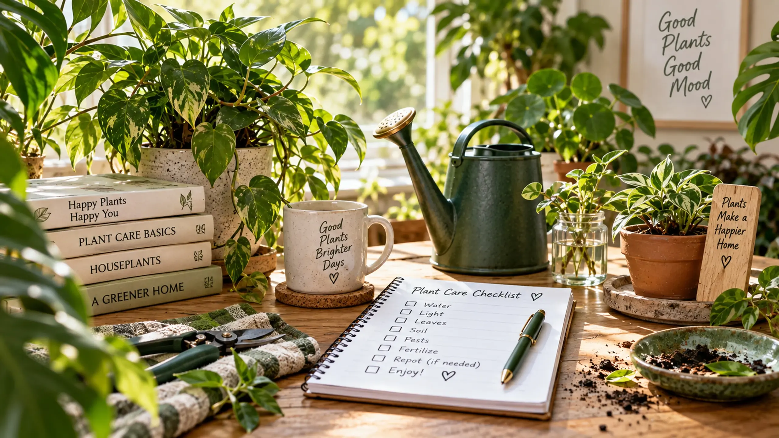 Indoor plant care setup with healthy houseplants, a watering can, pruning tools and a plant care checklist