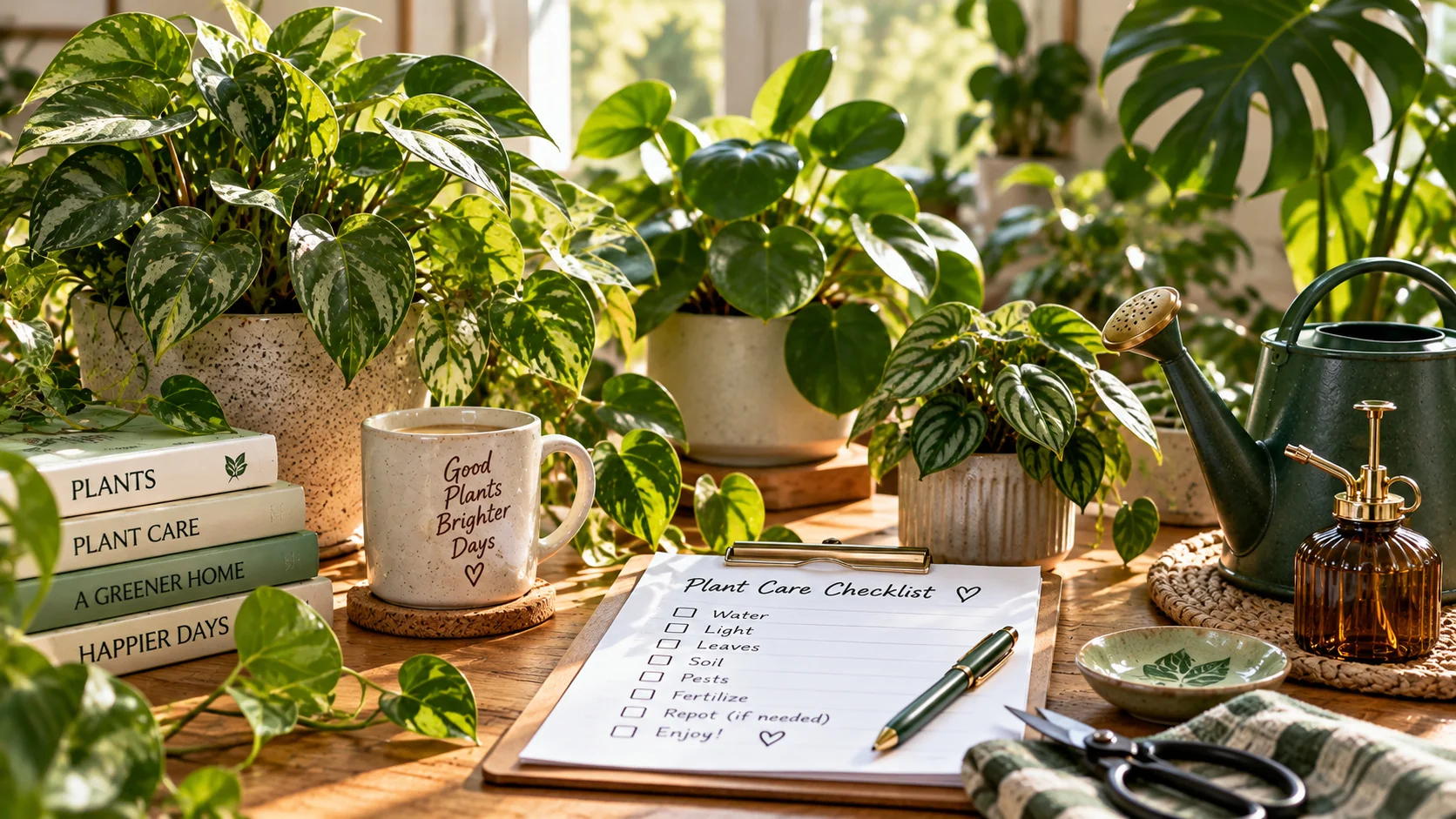 Houseplant care workspace with healthy potted plants, watering can, plant mister, pruning tools and a care checklist