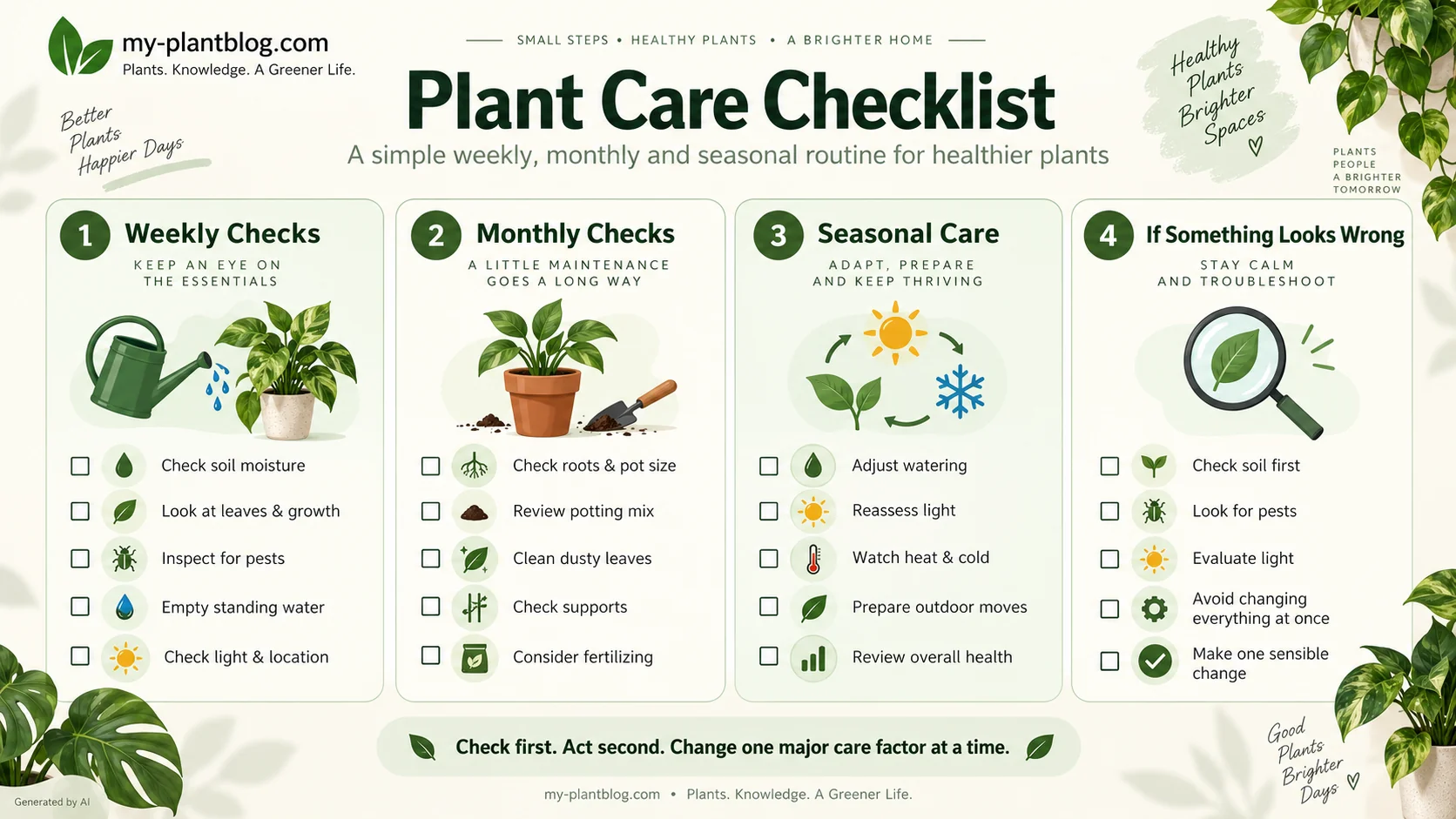 Plant Care Checklist infographic showing weekly checks, monthly checks, seasonal care and troubleshooting steps