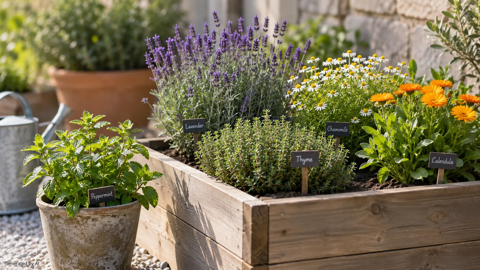 Small balcony herb garden with chamomile, lemon balm, peppermint, lavender, thyme and calendula in individual pots