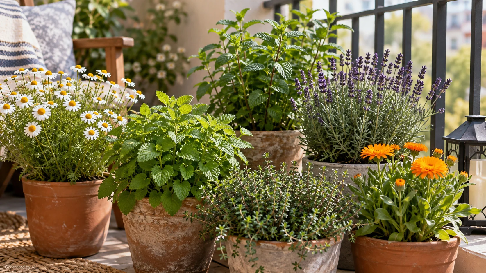 Raised herb garden with lavender, chamomile, thyme and calendula, with peppermint growing separately in a pot