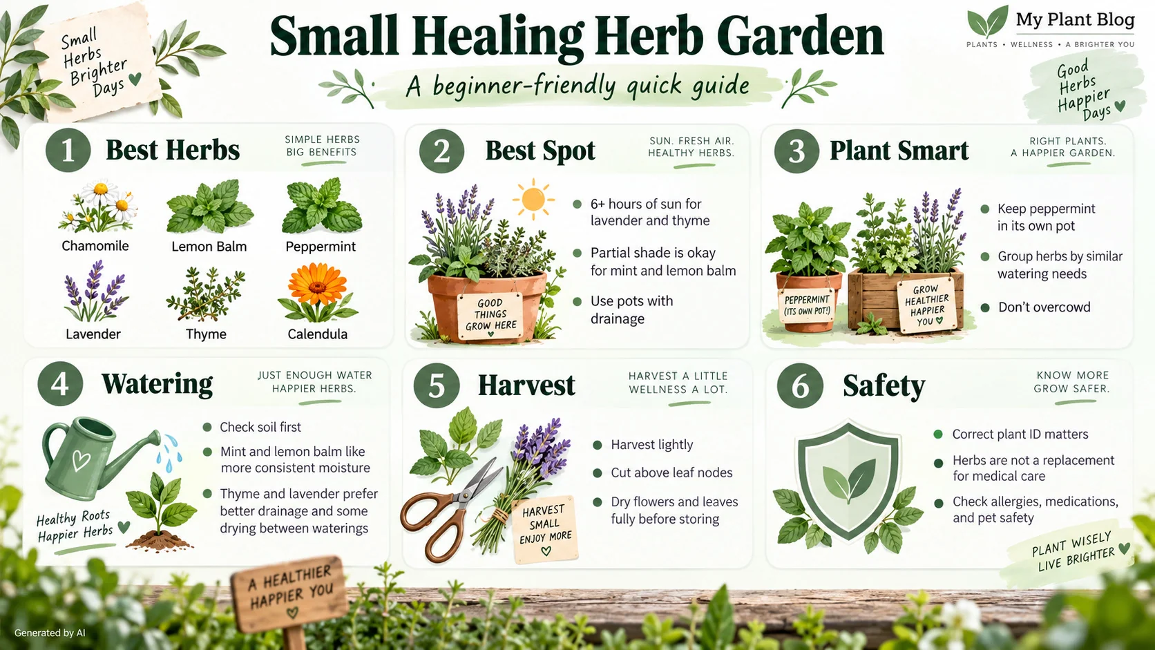 Infographic showing six steps for growing a small healing herb garden, including herb selection, location, planting, watering, harvesting and safety