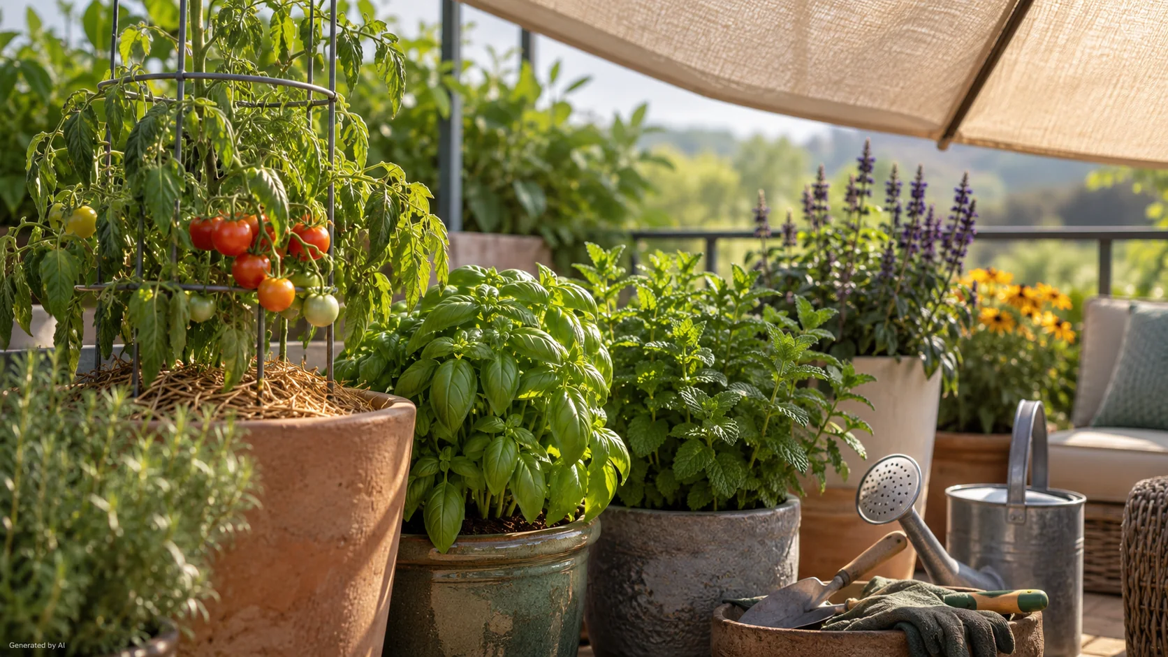 Summer vegetable garden with ripe tomatoes, herbs, mulched soil, and a watering can in warm evening light