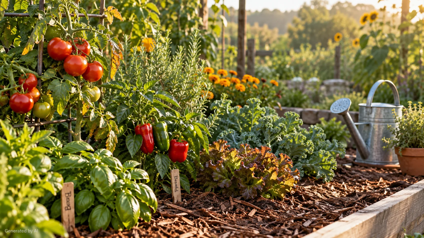 Potted tomato, basil, and mint under airy shade cloth on a sunny balcony with a watering can