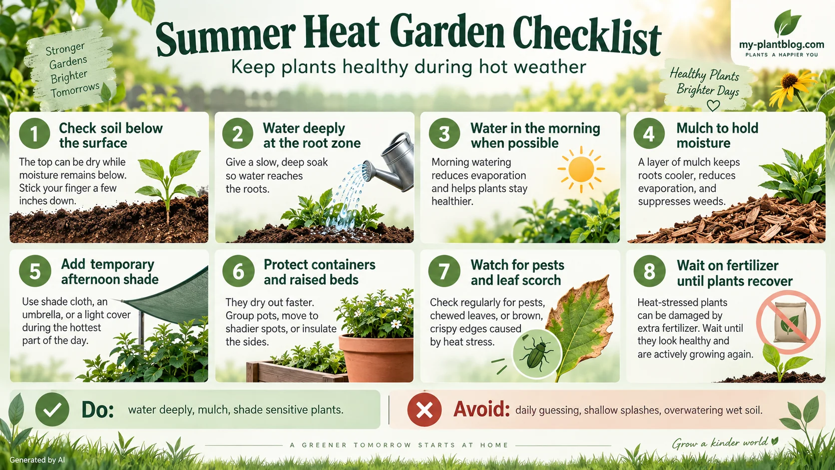 Summer heat garden checklist infographic with eight steps for watering, mulching, shading, protecting pots, and checking pests