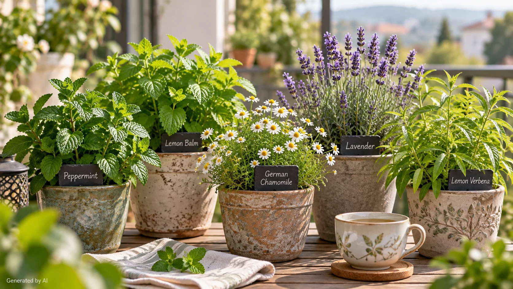 Fragrant tea garden with mint, lemon balm, chamomile, lavender and lemon verbena growing in separate containers