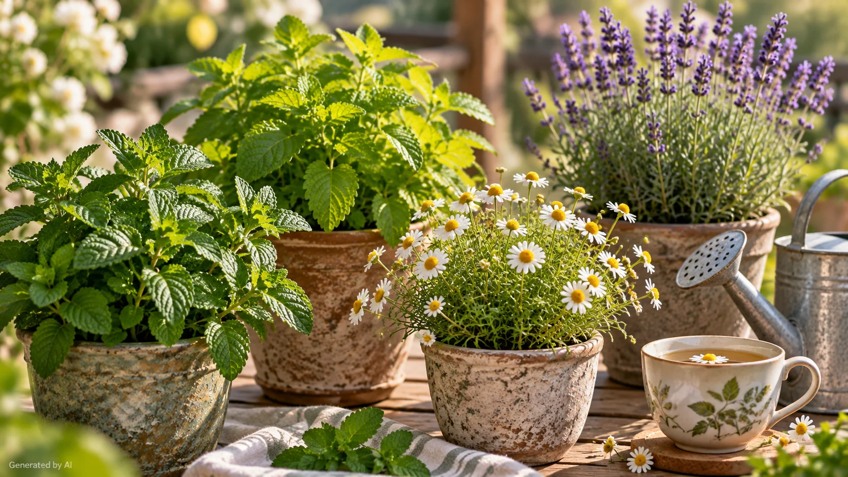 Mint, lemon balm, chamomile and lavender growing in separate containers in a sunny tea garden
