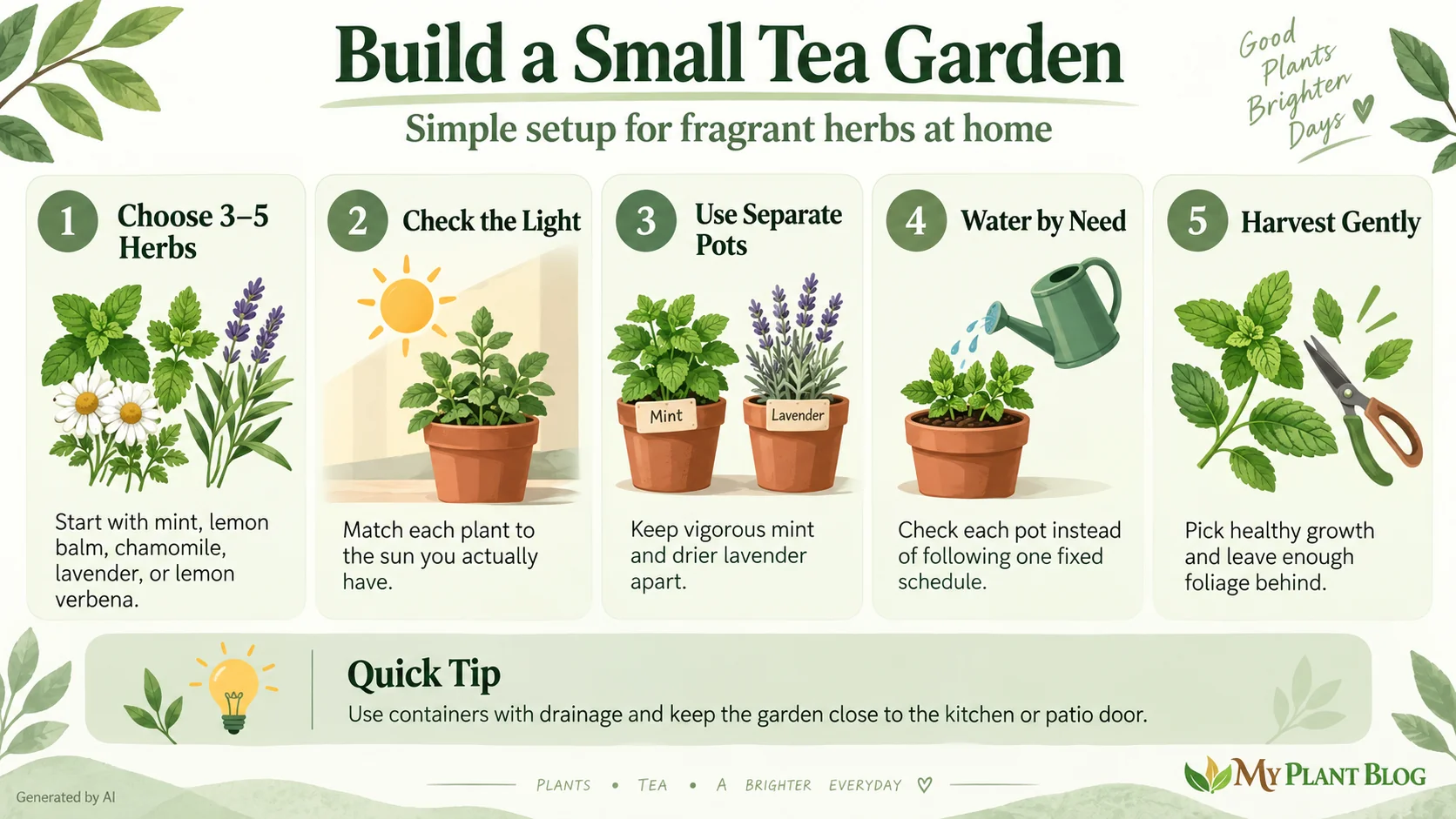 Tea garden infographic showing five steps for choosing herbs, checking light, using separate pots, watering and harvesting