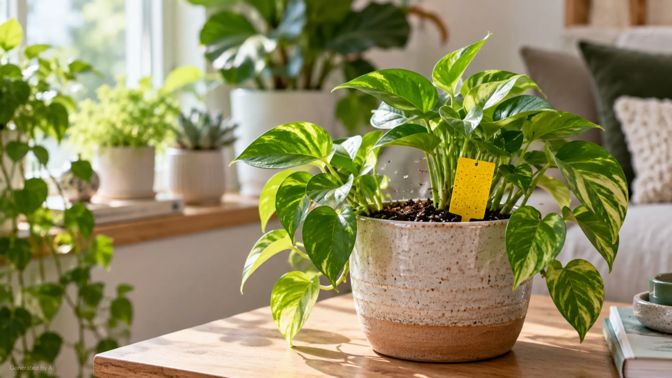 Potted houseplant with a yellow sticky trap used to monitor flying fungus gnats