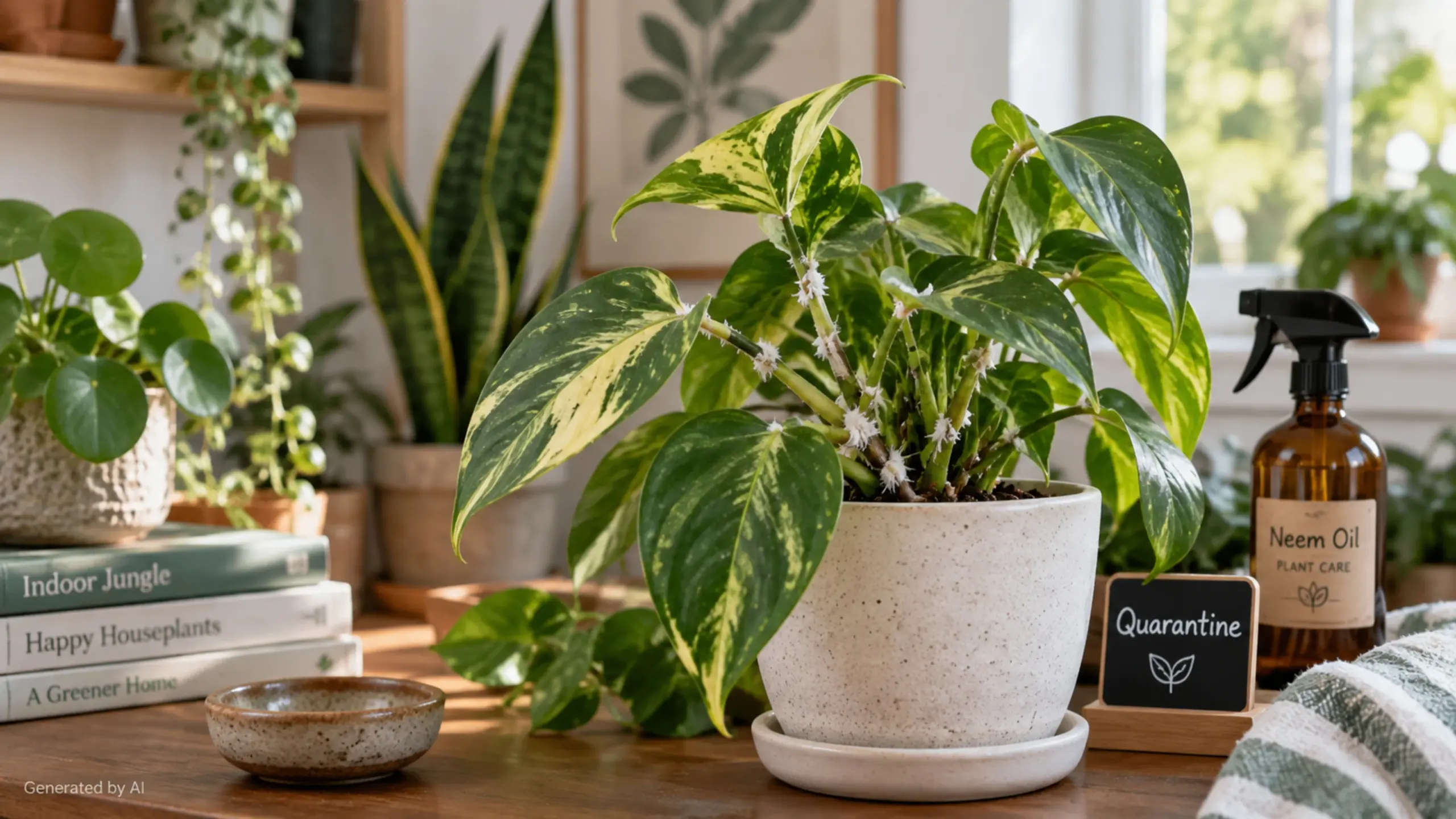 Isolated houseplant with white mealybug clusters on stems and leaf joints