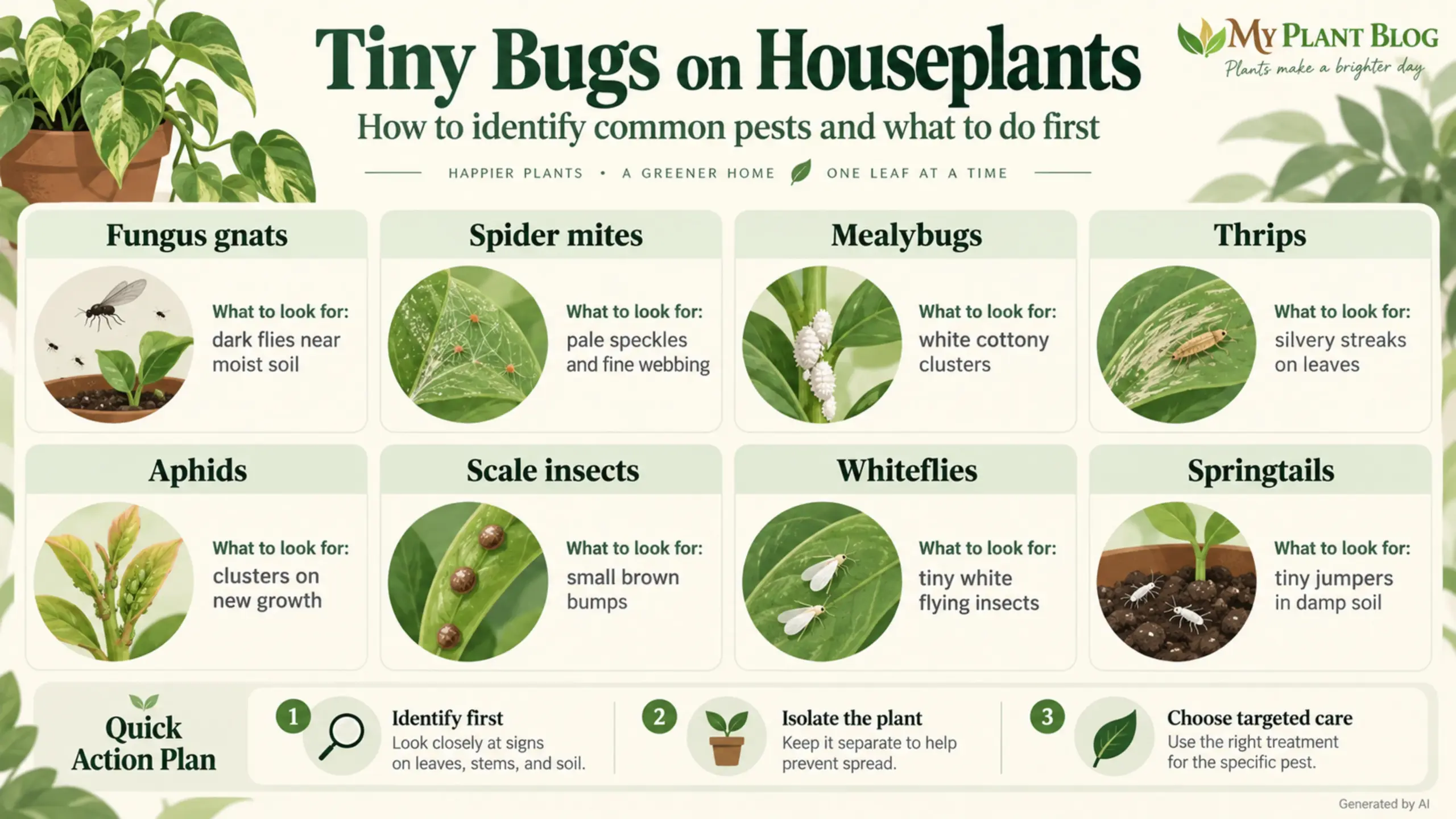Infographic showing eight common houseplant pests and their identifying features