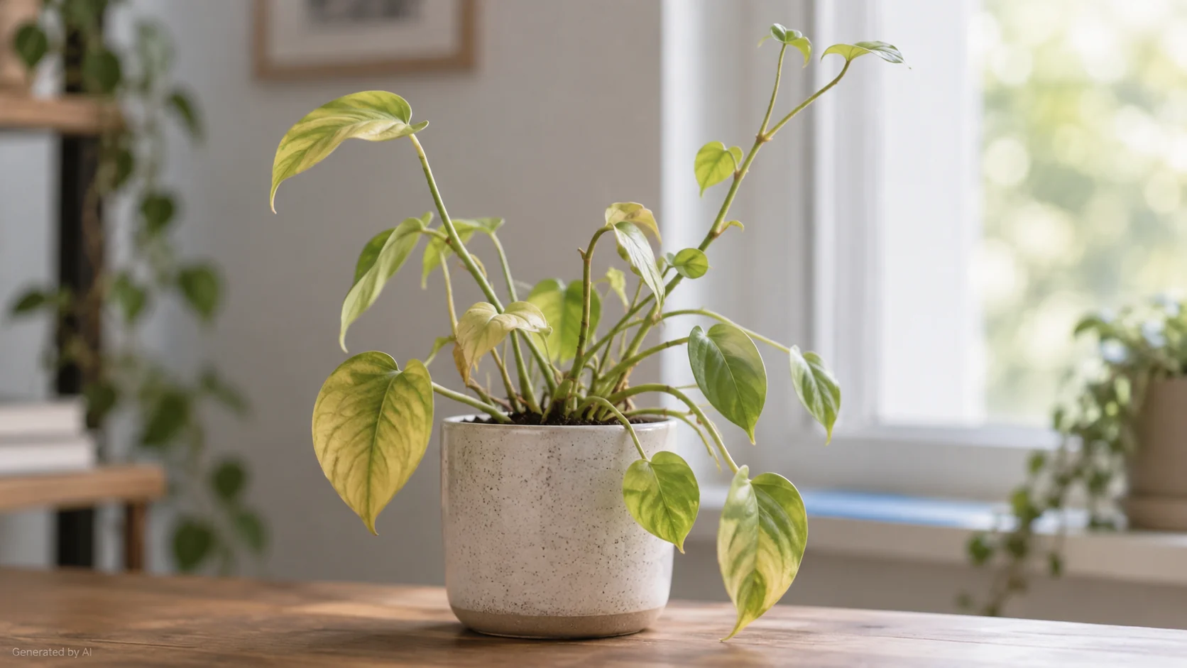 Weak houseplant with pale yellow-green leaves and stretched growth near a bright window