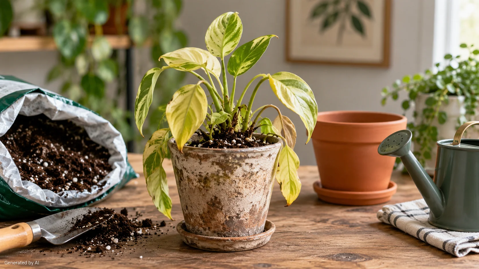 Weak potted houseplant beside fresh potting mix, an empty terracotta pot and a watering can