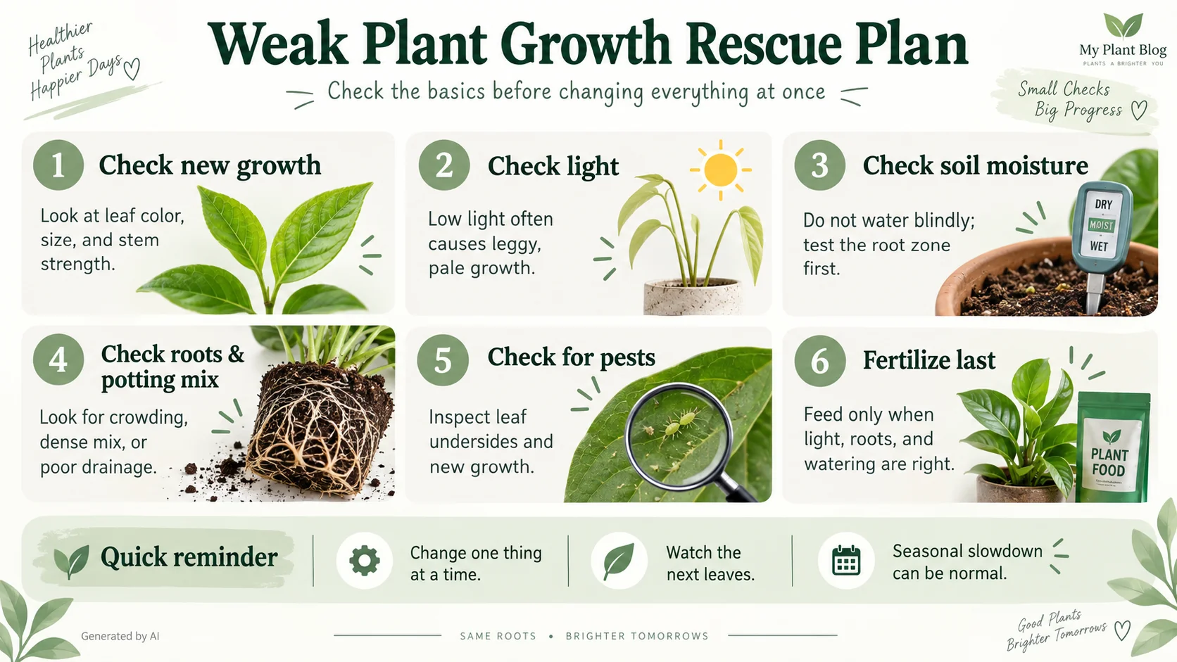Infographic showing a six-step rescue plan for weak plant growth including light, moisture, roots, pests and fertilizer