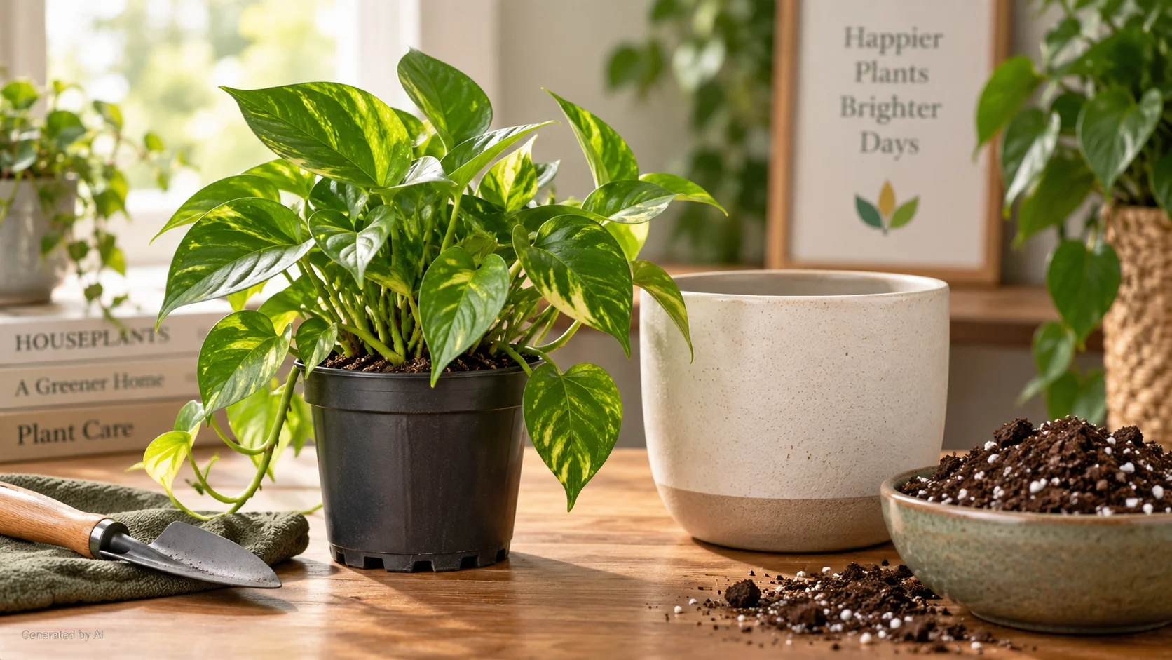 Healthy pothos beside a larger planter and fresh potting mix, ready for repotting