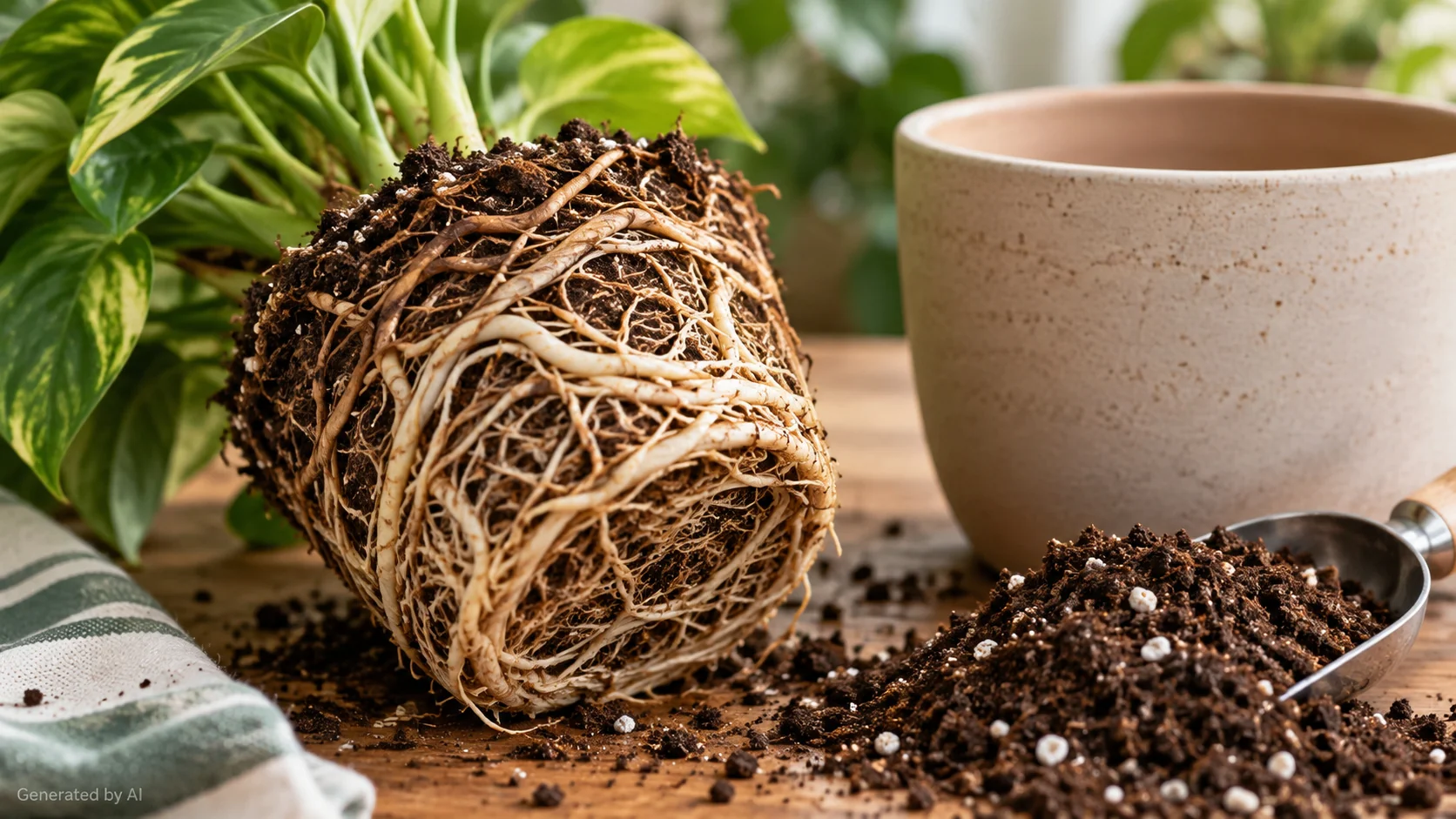 Close-up of a root-bound houseplant with dense roots circling around its root ball