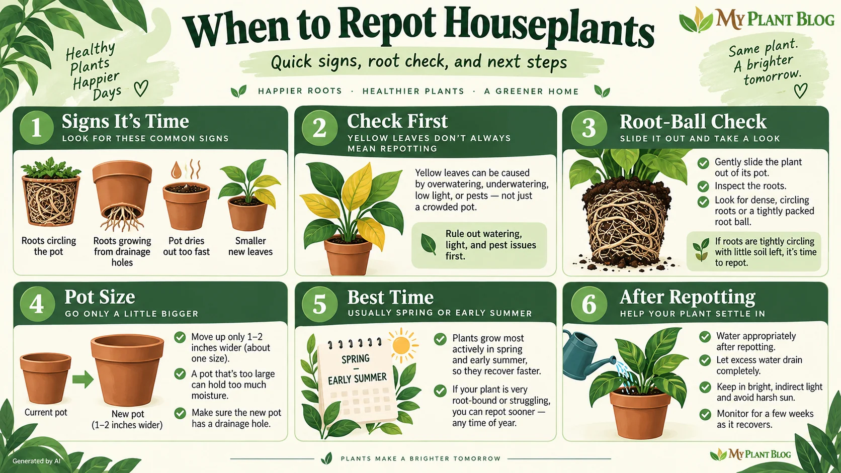 Infographic showing signs of root-bound houseplants, root checks, pot size, repotting time, and aftercare