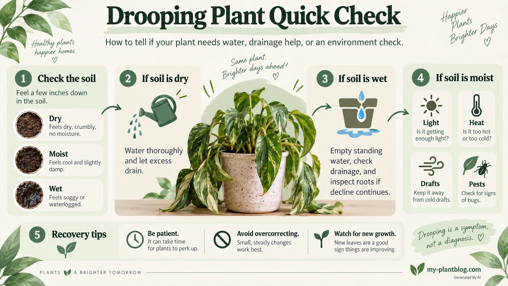 Infographic with a quick check for drooping plants and possible causes