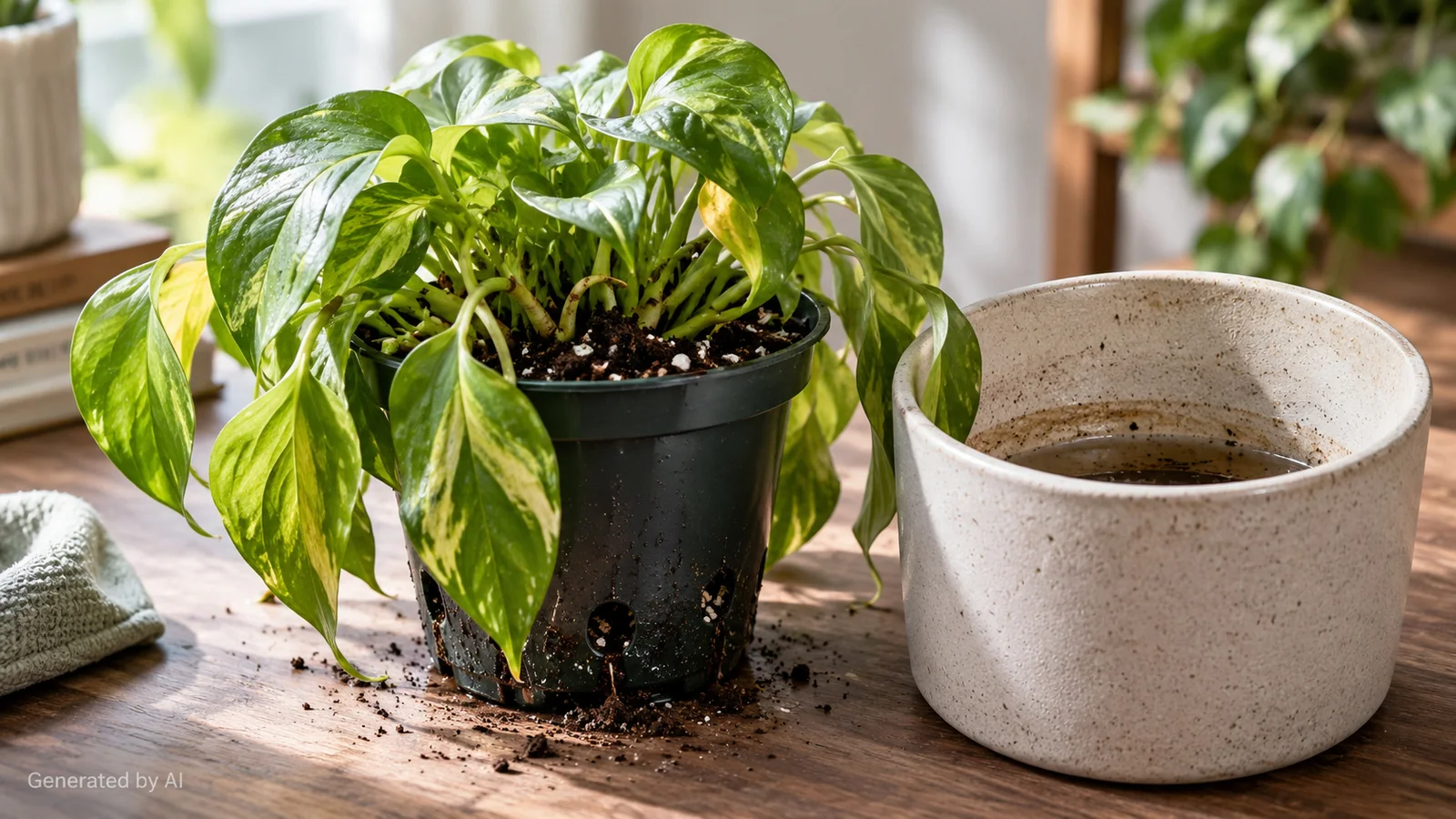 Houseplant showing drooping foliage and its potting environment
