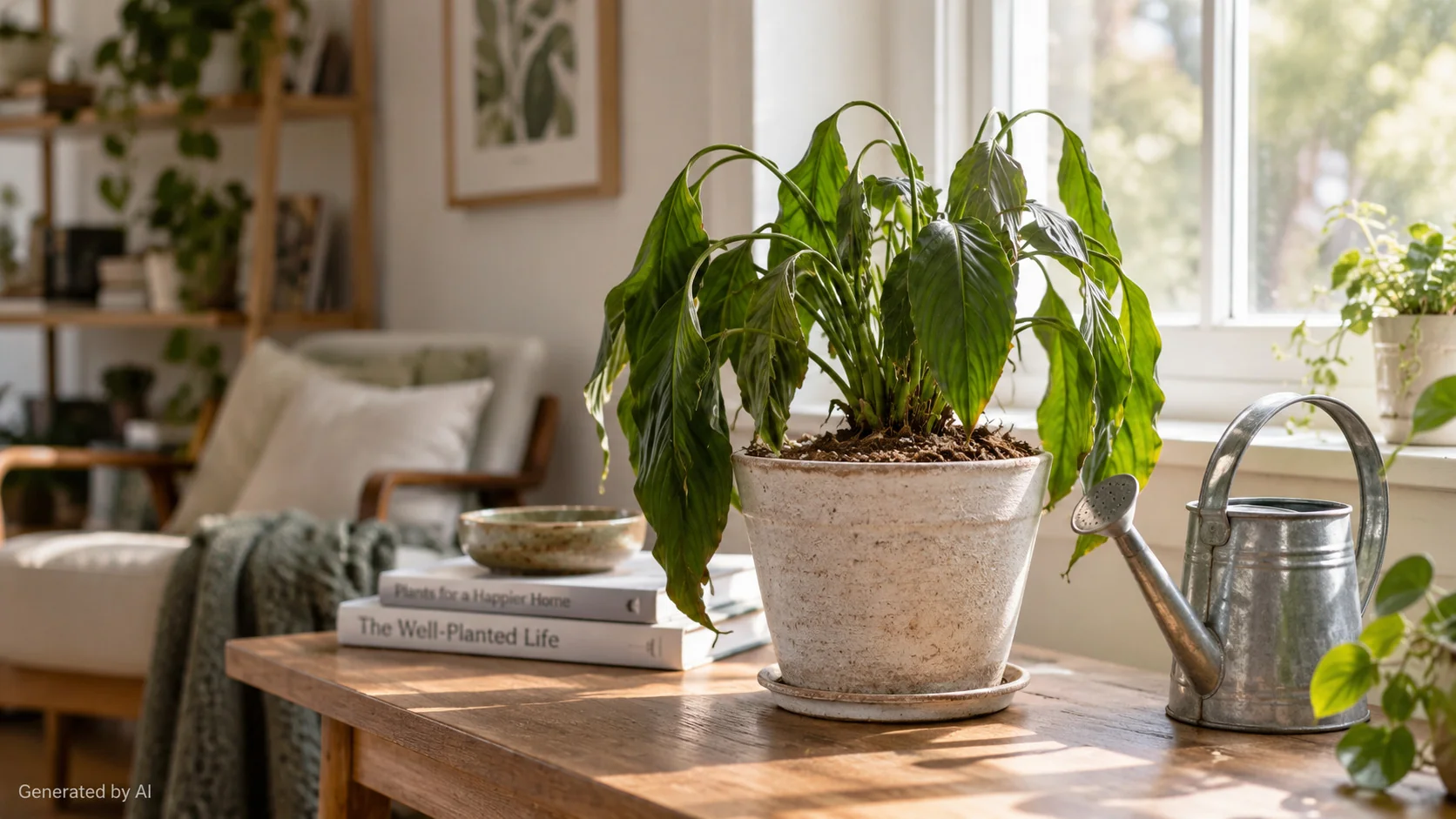 Houseplant with drooping leaves in an indoor setting