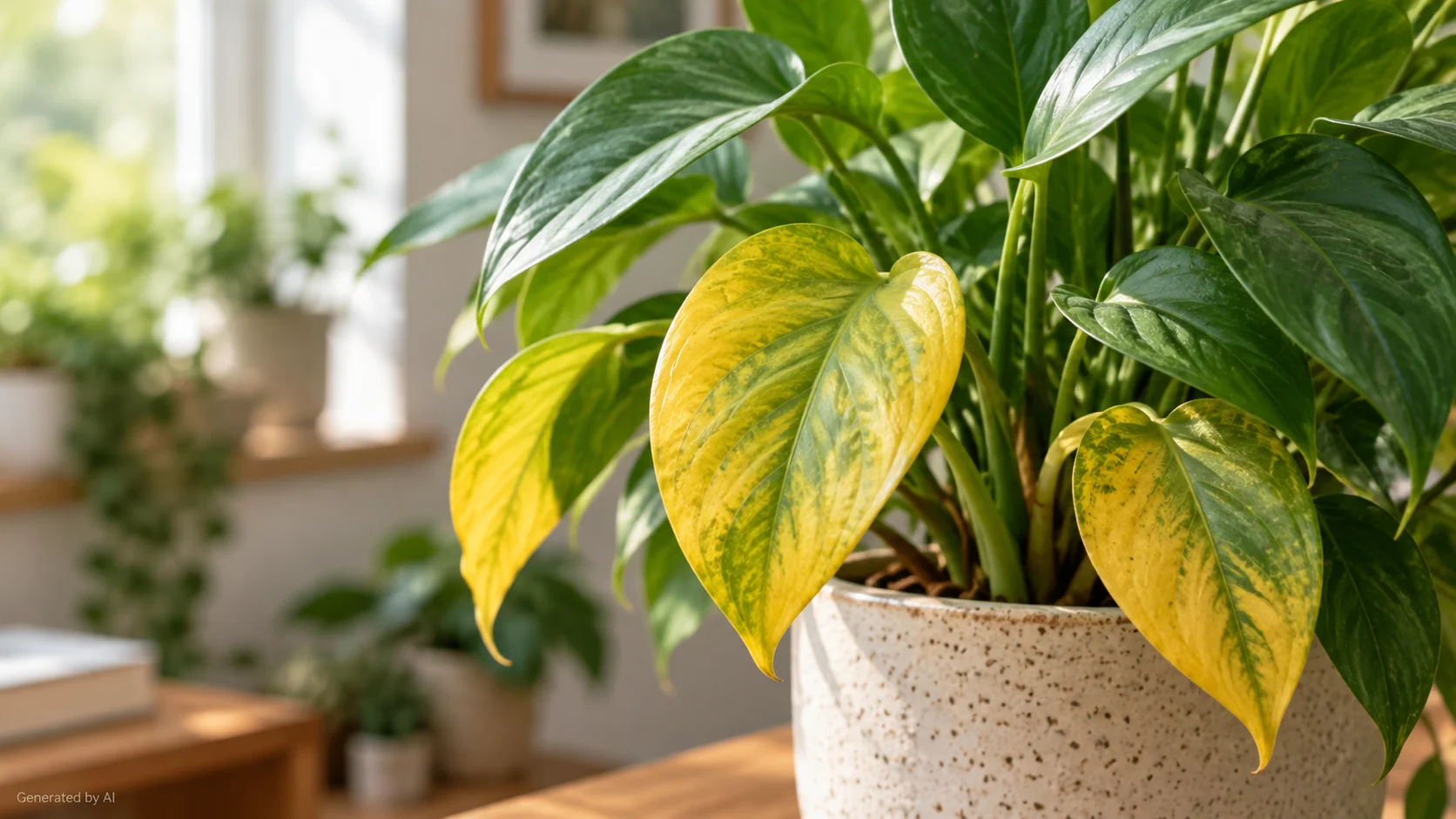 Several yellow leaves among green foliage on a potted houseplant by a window