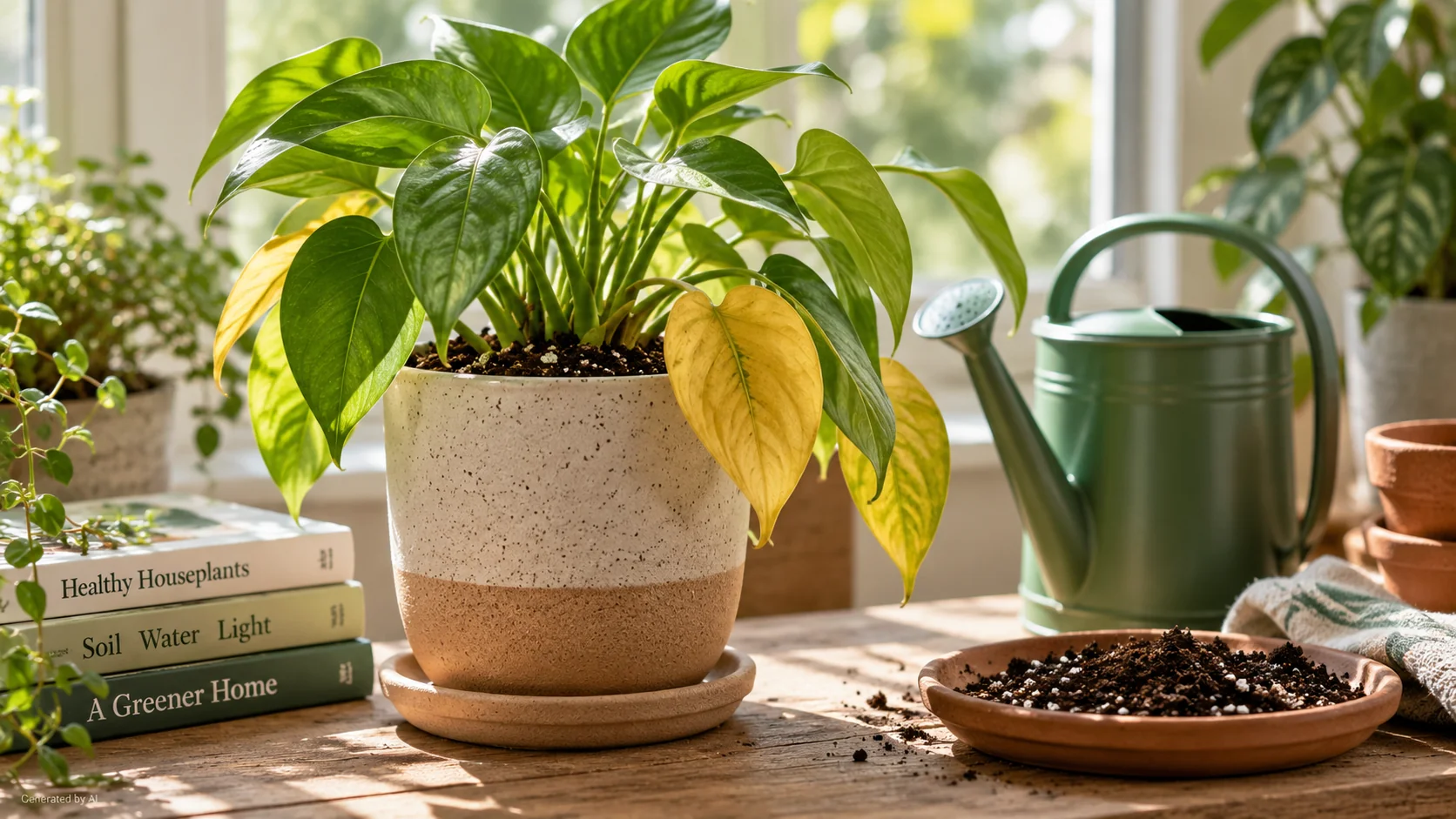 Potted houseplant with yellow leaves beside a watering can and potting mix