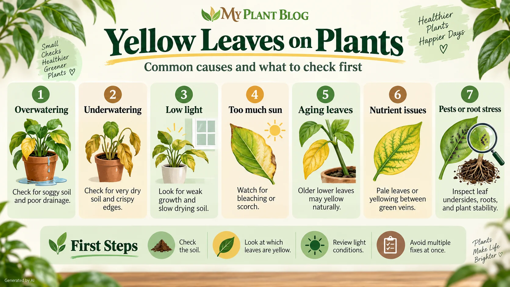 Infographic showing seven common causes of yellow leaves and what to check first